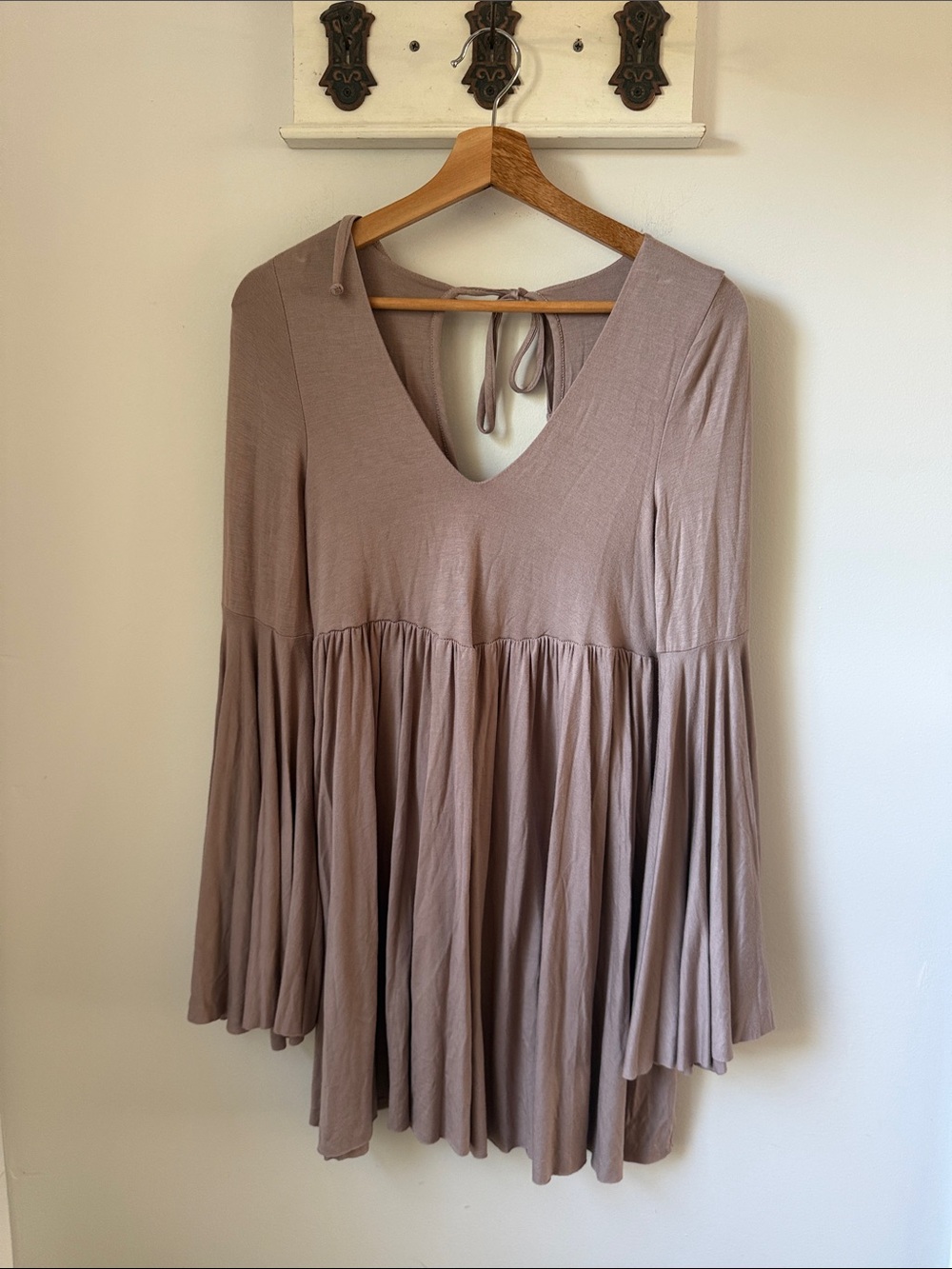 Free People Beach Taupe V-Neck Bell Sleeve Tunic